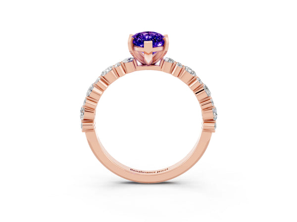 Rose gold Marquise Cut Tanzanite Side Stone Solitaire Ring with Round  and Four-Prong Setting