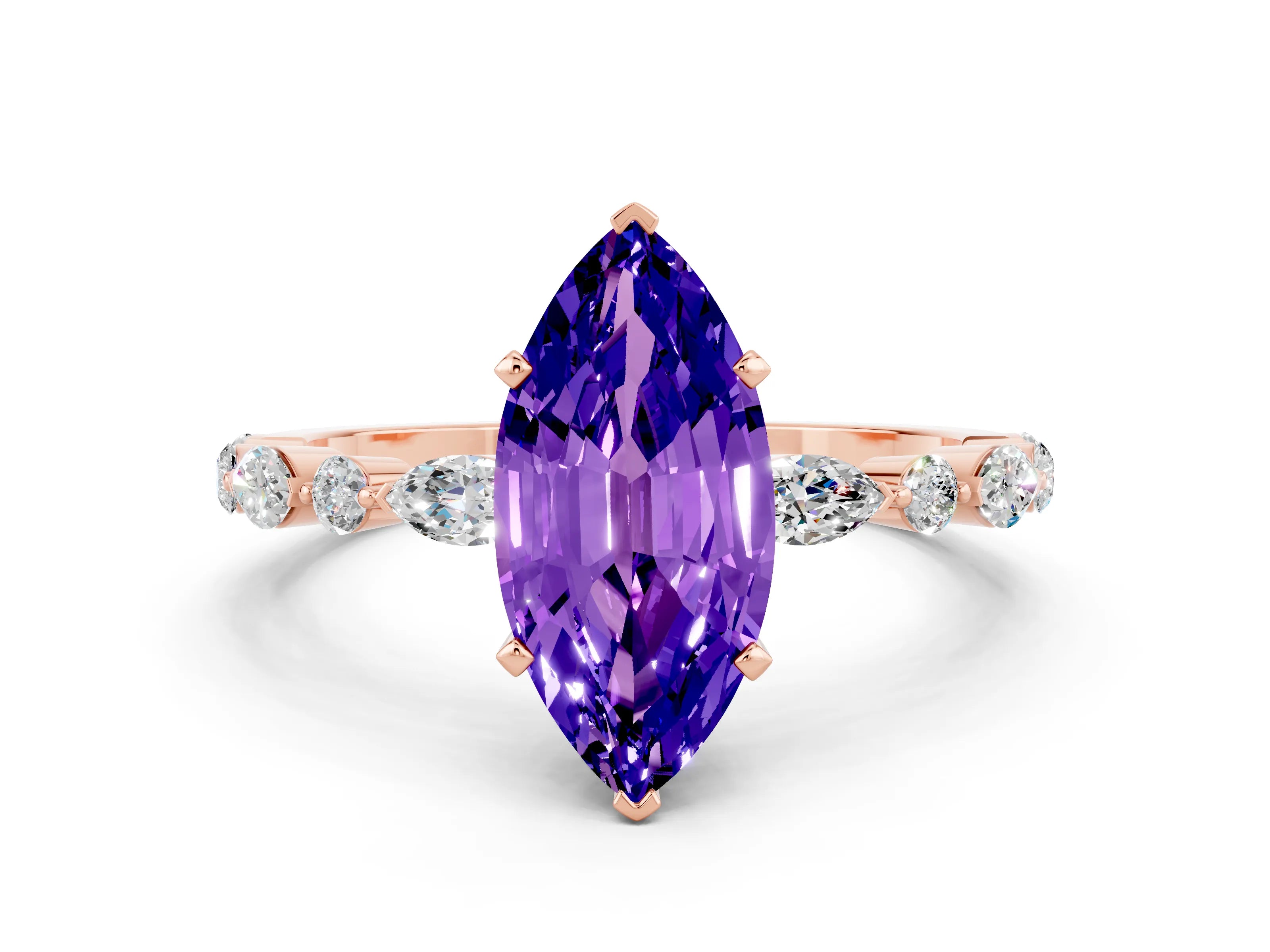 Rose gold Marquise Cut Tanzanite Solitaire with Side Stones on a Pavé Band and Four-Prong Setting