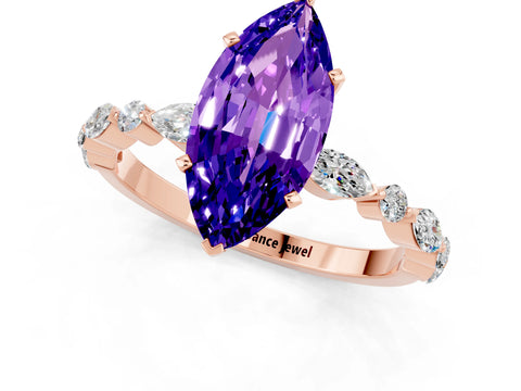 Rose gold Marquise Cut Tanzanite Solitaire with Side Stones on a Pavé Band and Four-Prong Setting_1