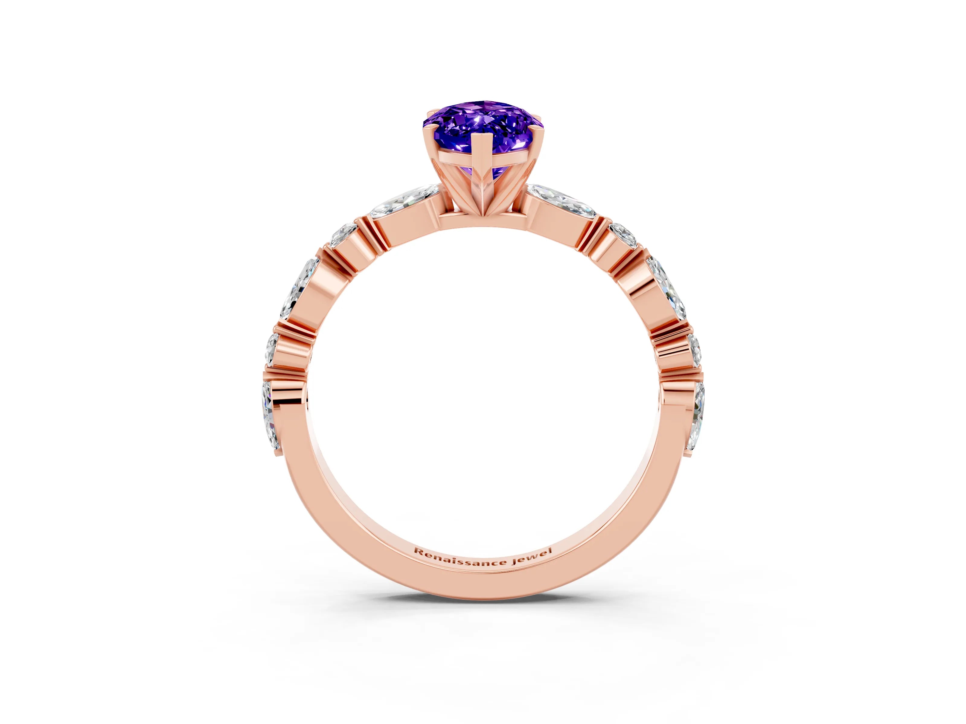 Rose gold Marquise Cut Tanzanite Solitaire with Side Stones on a Pavé Band and Four-Prong Setting_3