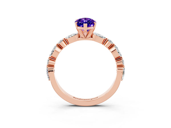 Rose gold Marquise Cut Tanzanite Ring with Marquise and Round  Side Stones and Four-Prong Setting