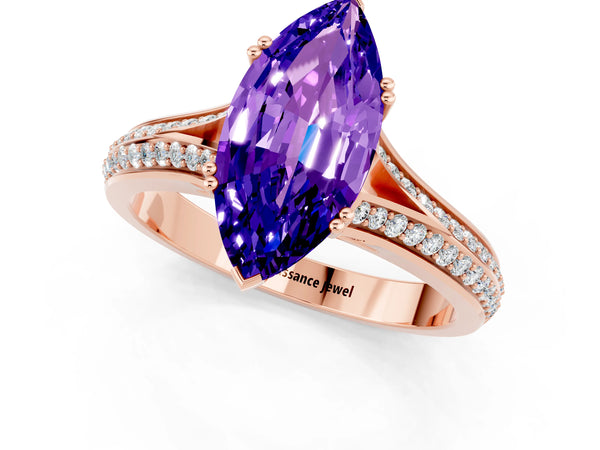 Rose gold Marquise Cut Tanzanite Split Shank Engagement Ring with Pavé Band