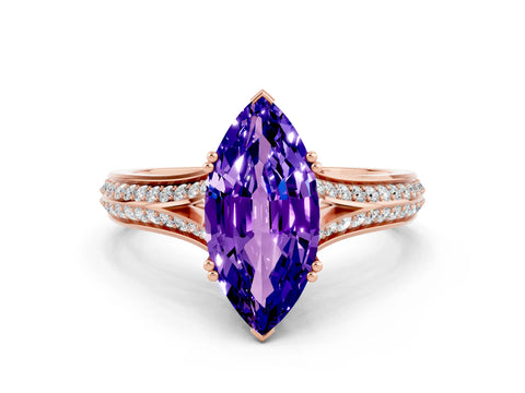Rose gold Marquise Cut Tanzanite Split Shank Engagement Ring with Pavé Band