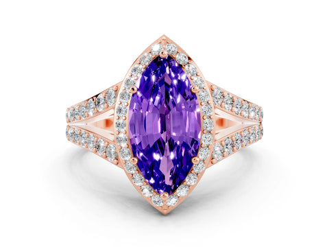 Rose gold Marquise Cut Tanzanite Split Shank Halo Ring with Four-Prong Setting_12