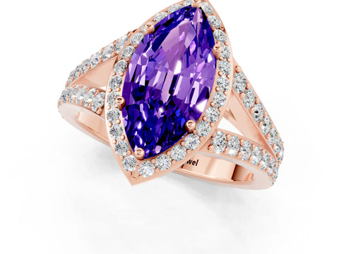 Rose gold Marquise Cut Tanzanite Split Shank Halo Ring with Four-Prong Setting_13