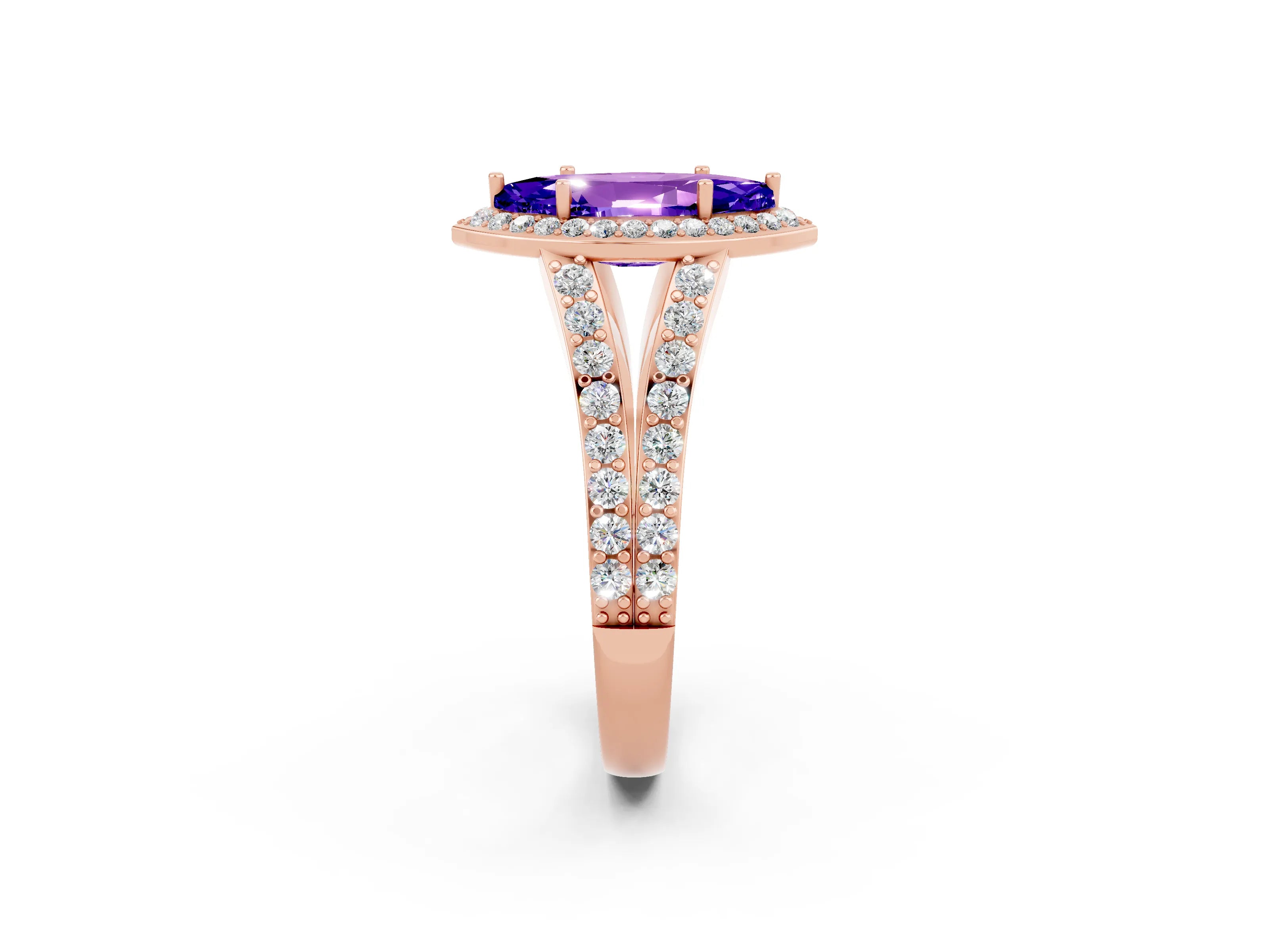 Rose gold Marquise Cut Tanzanite Split Shank Halo Ring with Four-Prong Setting_14