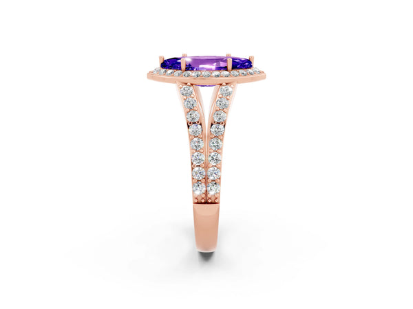 Rose gold Marquise Cut Tanzanite Split Shank Halo Ring with Four-Prong Setting