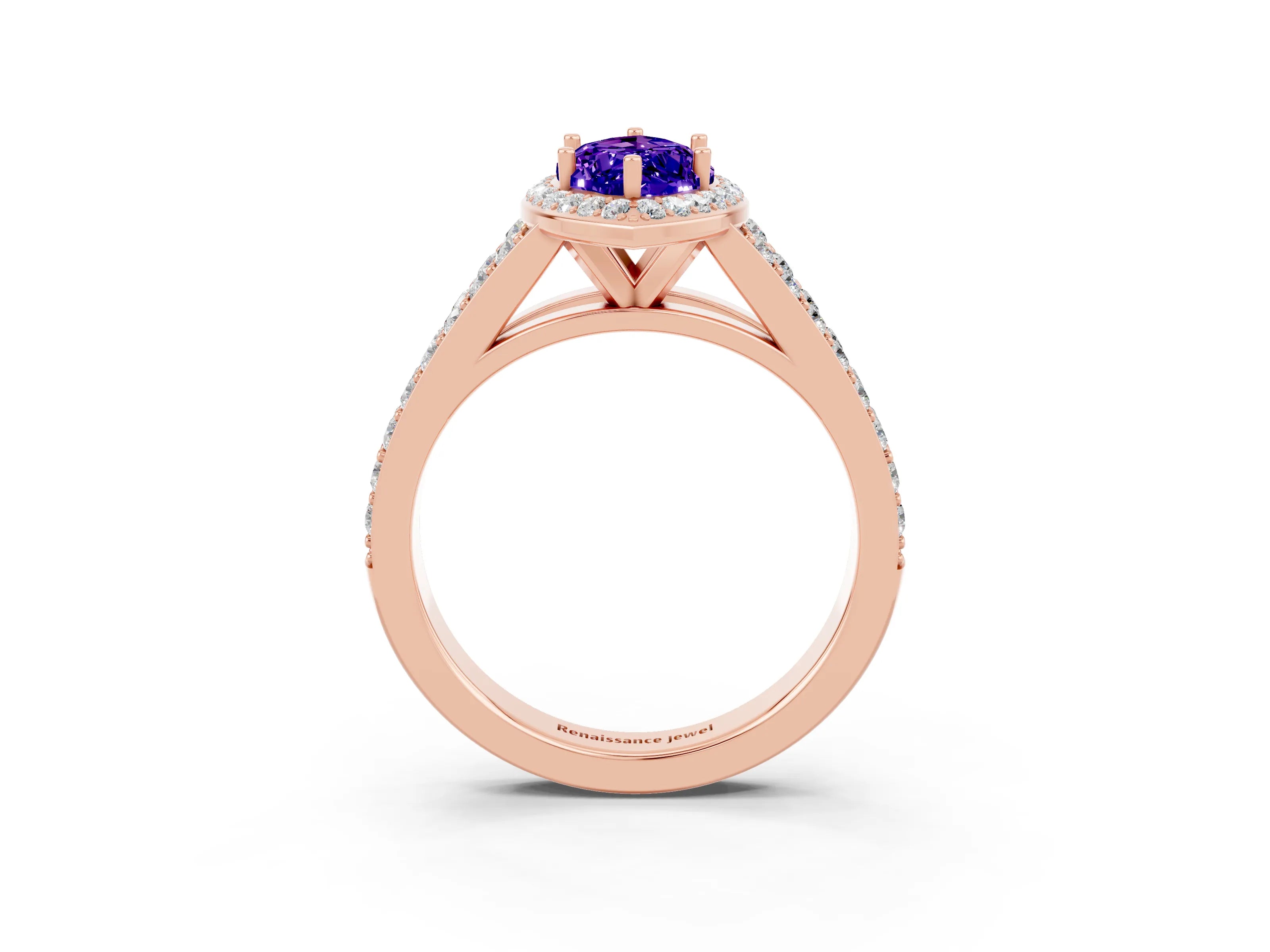 Rose gold Marquise Cut Tanzanite Split Shank Halo Ring with Four-Prong Setting_15