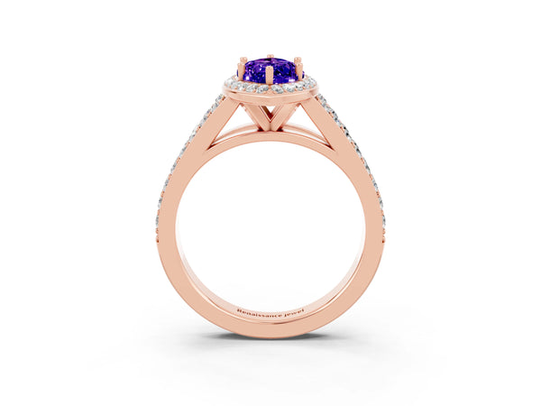 Rose gold Marquise Cut Tanzanite Split Shank Halo Ring with Four-Prong Setting