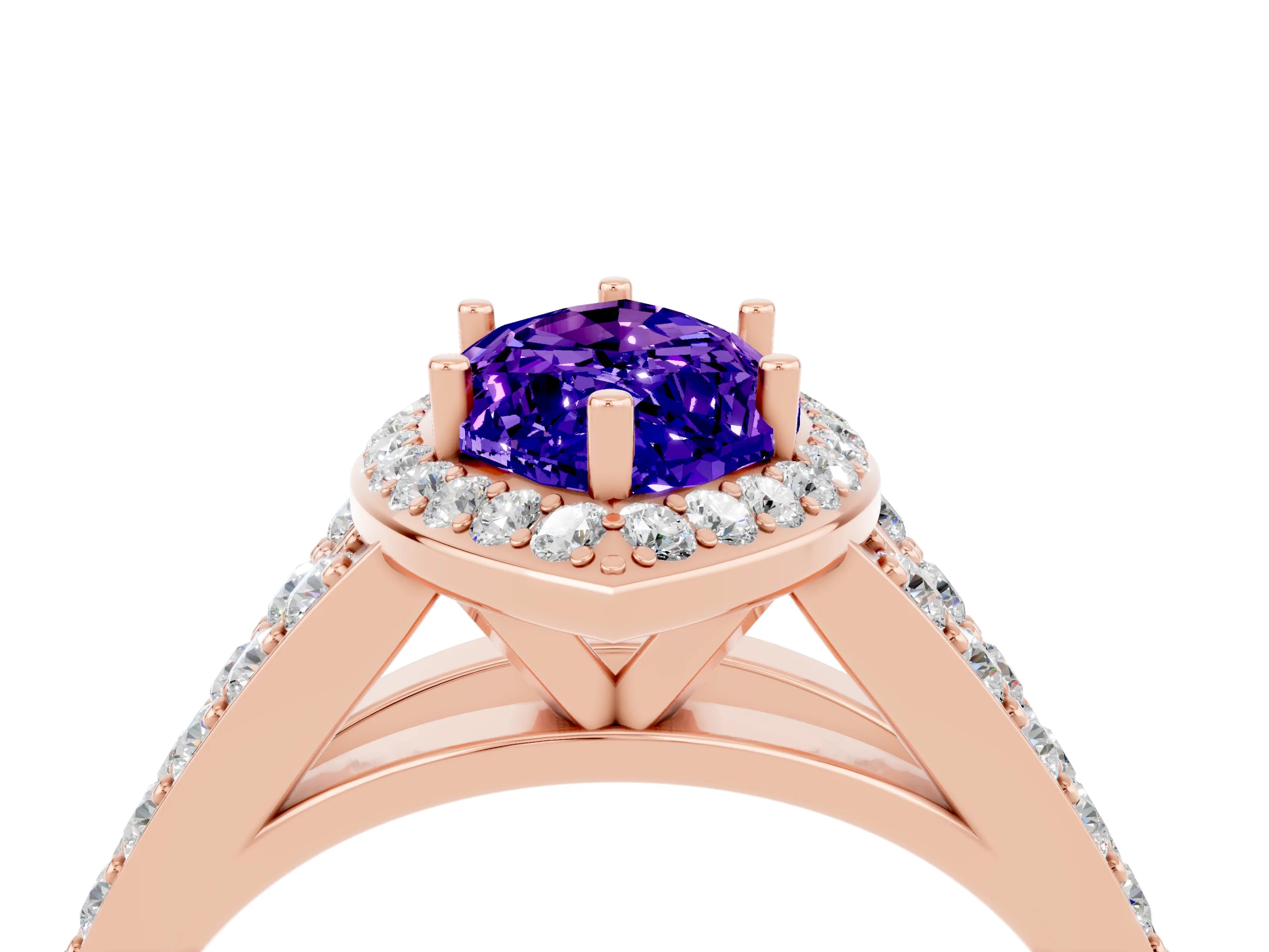Rose gold Marquise Cut Tanzanite Split Shank Halo Ring with Four-Prong Setting_16
