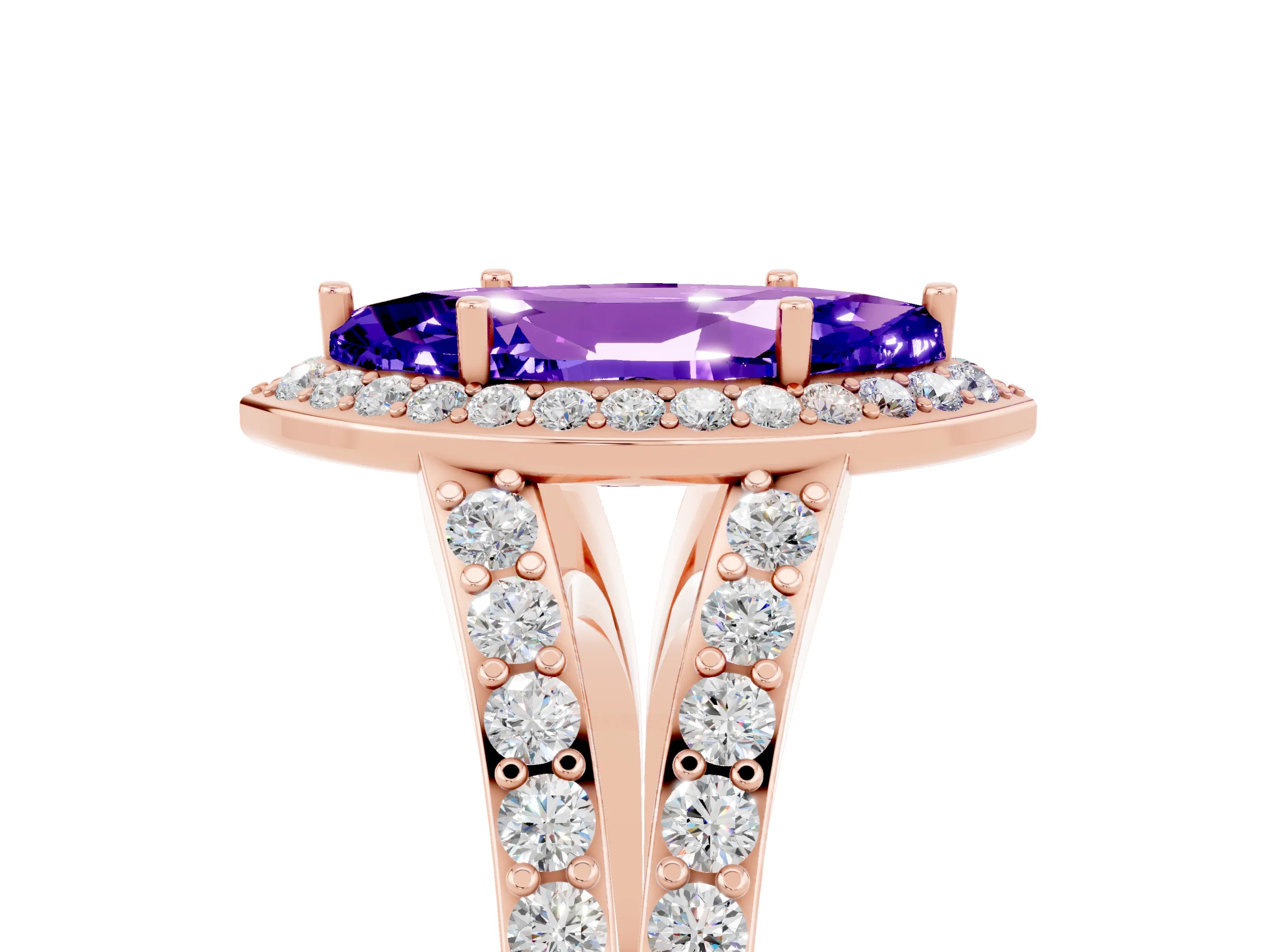 Rose gold Marquise Cut Tanzanite Split Shank Halo Ring with Four-Prong Setting_17