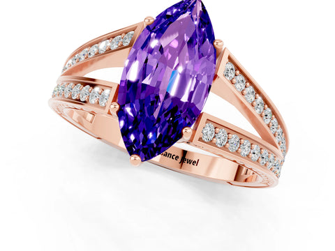 Rose gold Marquise Cut Tanzanite Split Shank Ring with Pavé Band and Four-Prong Setting_1