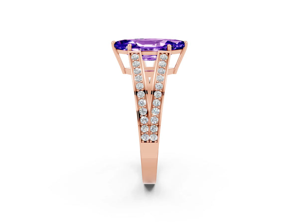 Rose gold Marquise Cut Tanzanite Split Shank Ring with Pavé Band and Four-Prong Setting