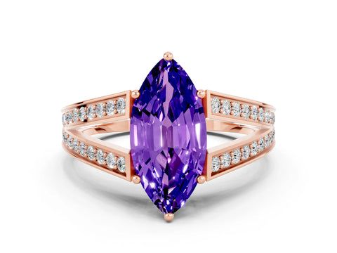 Rose gold Marquise Cut Tanzanite Split Shank Ring with Pavé Band and Four-Prong Setting