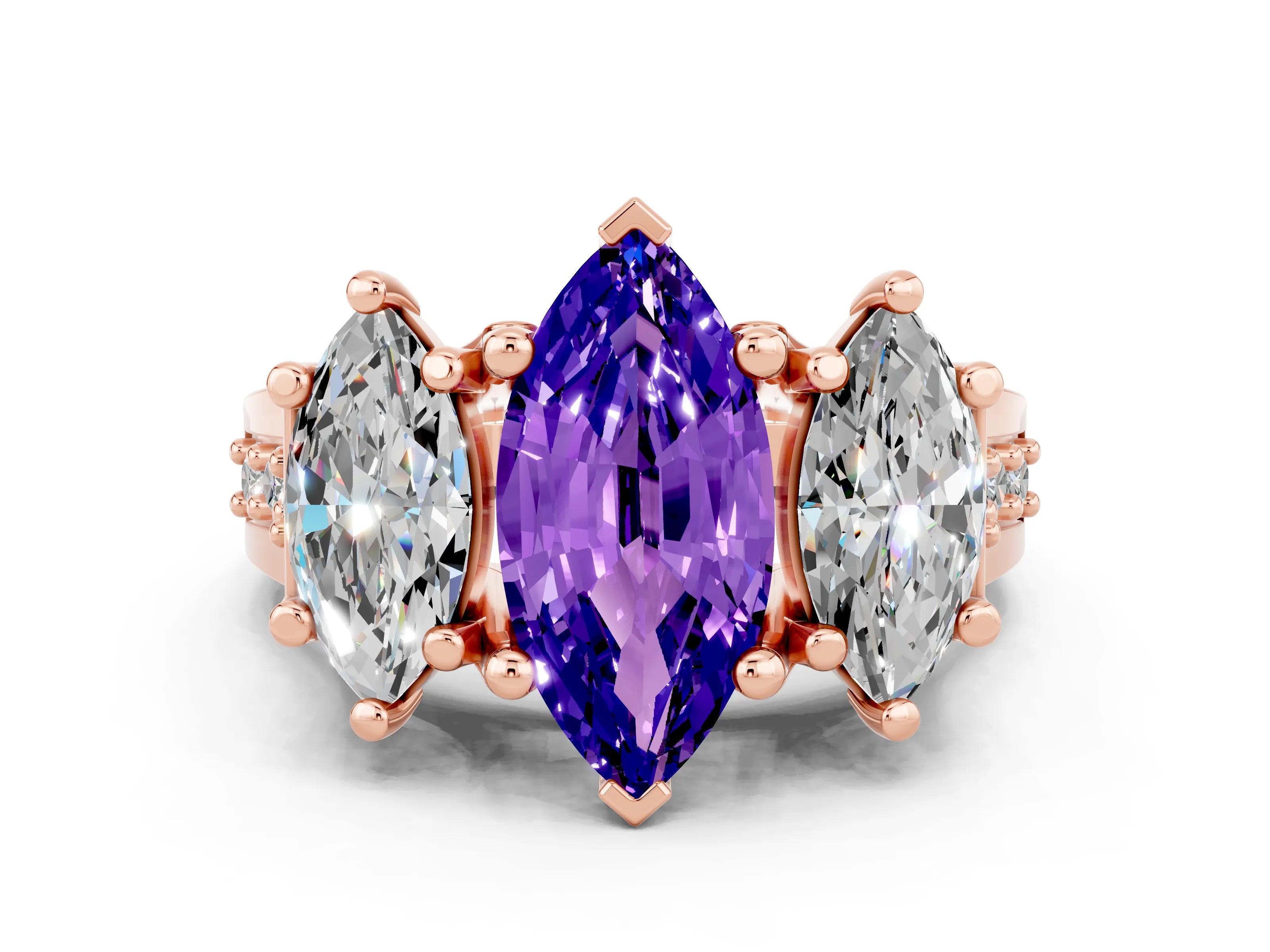 Rose gold Marquise Cut Tanzanite Three-Stone Ring with Channel Set Band and Four-Prong Setting