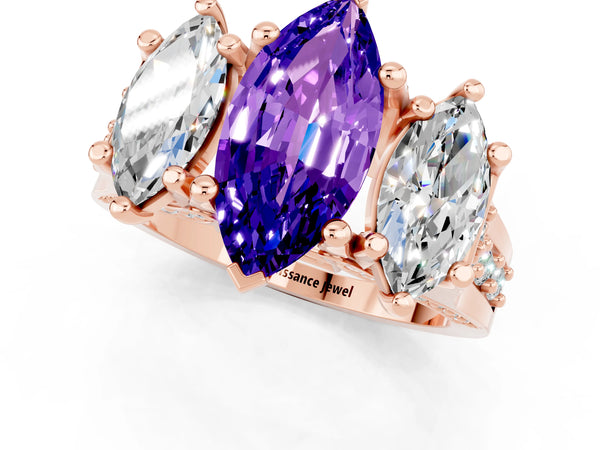 Rose gold Marquise Cut Tanzanite Three-Stone Ring with Channel Set Band and Four-Prong Setting