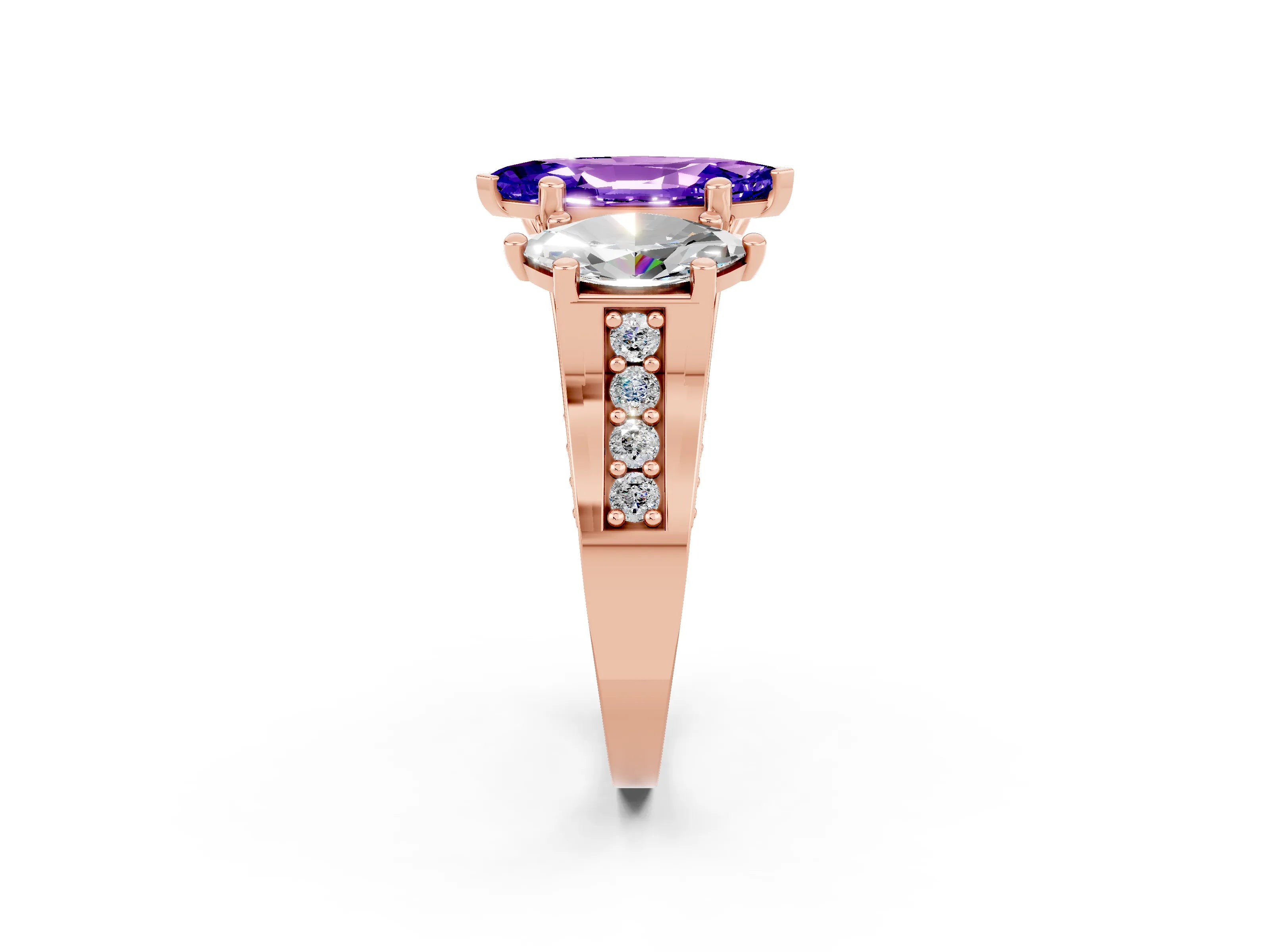 Rose gold Marquise Cut Tanzanite Three-Stone Ring with Channel Set Band and Four-Prong Setting_2