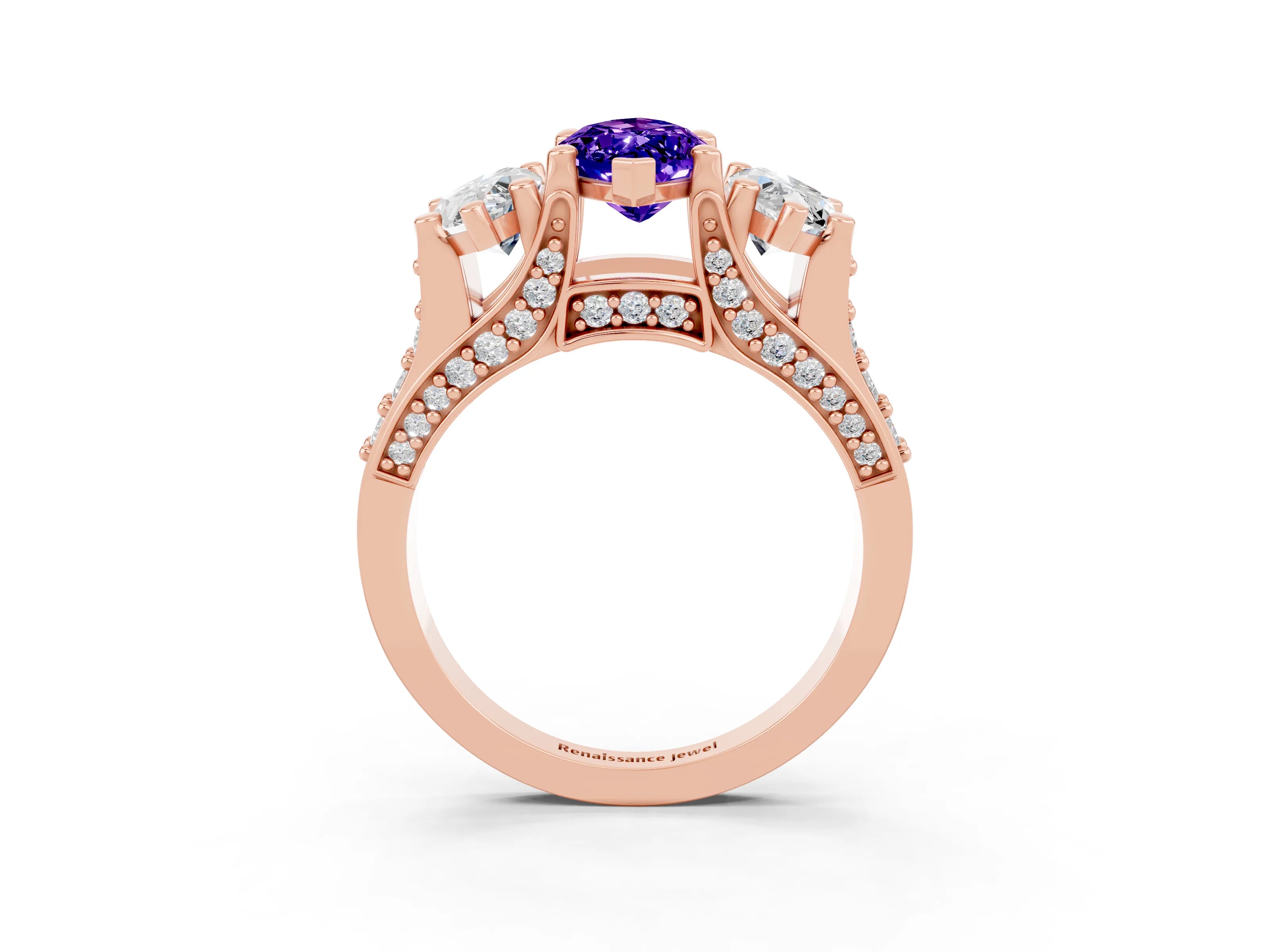 Rose gold Marquise Cut Tanzanite Three-Stone Ring with Channel Set Band and Four-Prong Setting_3