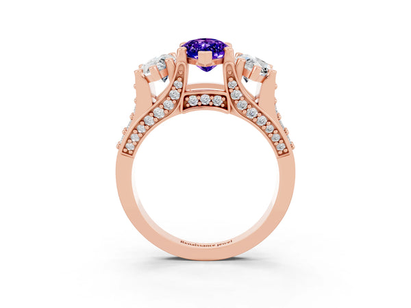 Rose gold Marquise Cut Tanzanite Three-Stone Ring with Channel Set Band and Four-Prong Setting