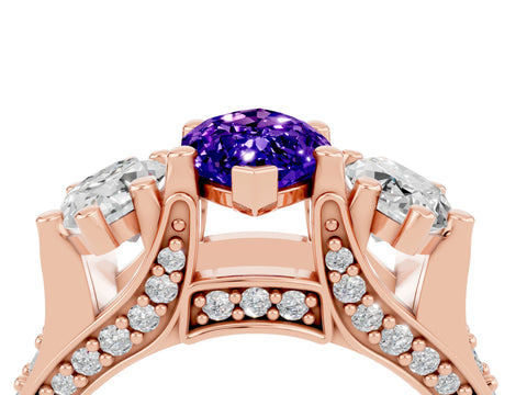 Rose gold Marquise Cut Tanzanite Three-Stone Ring with Channel Set Band and Four-Prong Setting_4