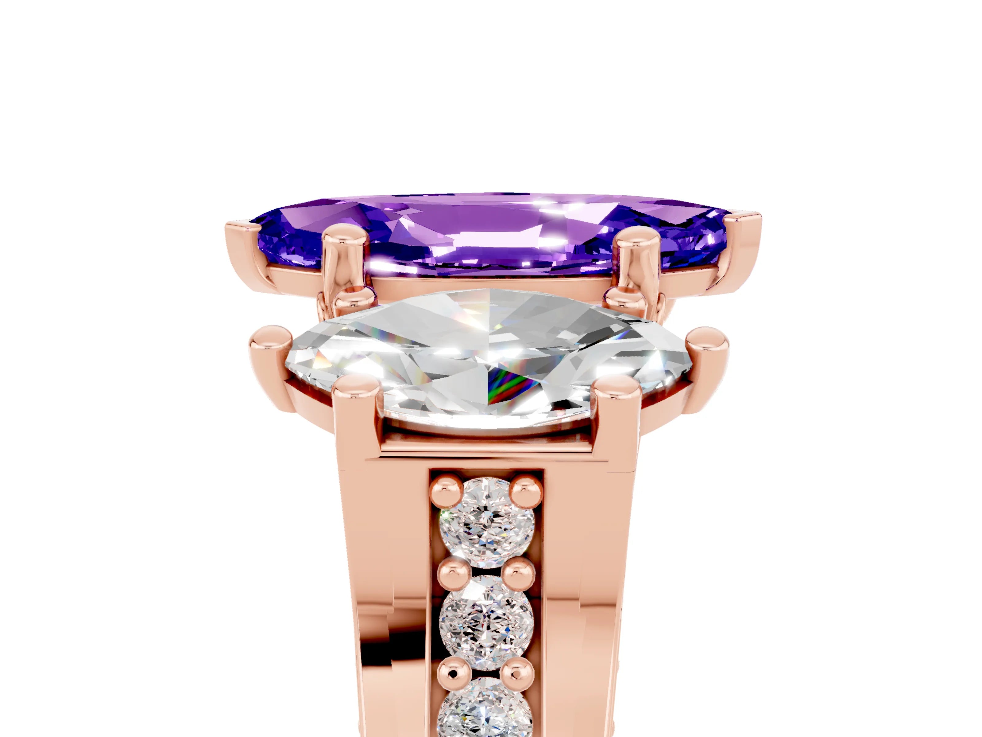 Rose gold Marquise Cut Tanzanite Three-Stone Ring with Channel Set Band and Four-Prong Setting_5