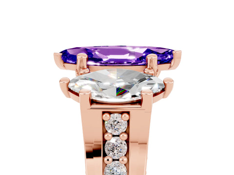 Rose gold Marquise Cut Tanzanite Three-Stone Ring with Channel Set Band and Four-Prong Setting_5