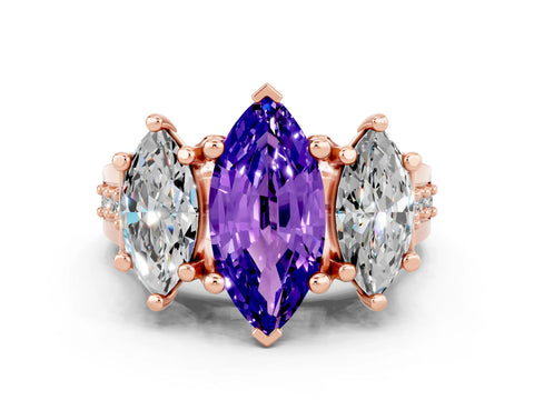 Rose gold Marquise Cut Tanzanite Three-Stone Ring with Channel Set Band and Four-Prong Setting