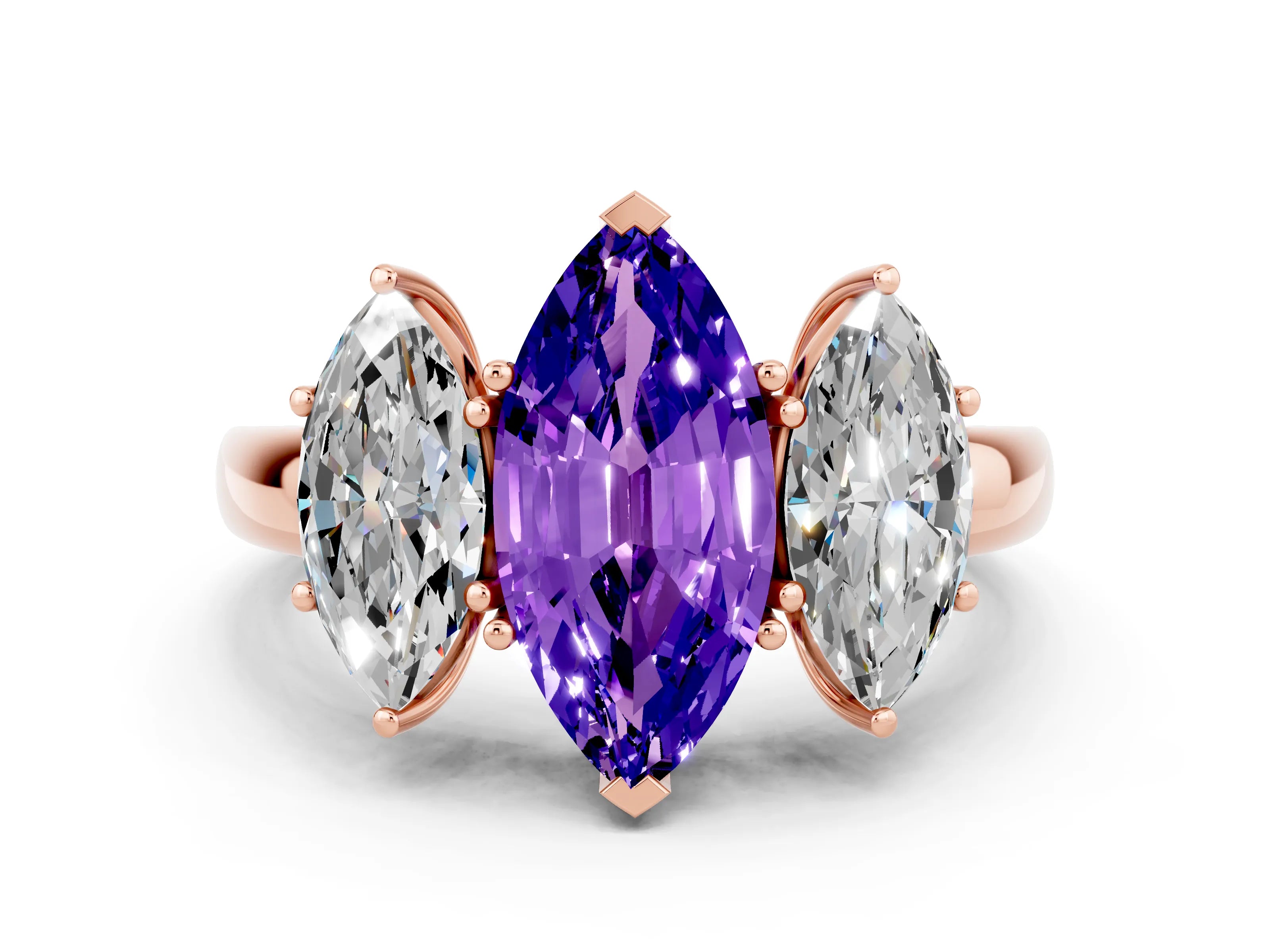 Rose gold Marquise Cut Tanzanite Three-Stone Ring with Four-Prong Setting and Classic Band