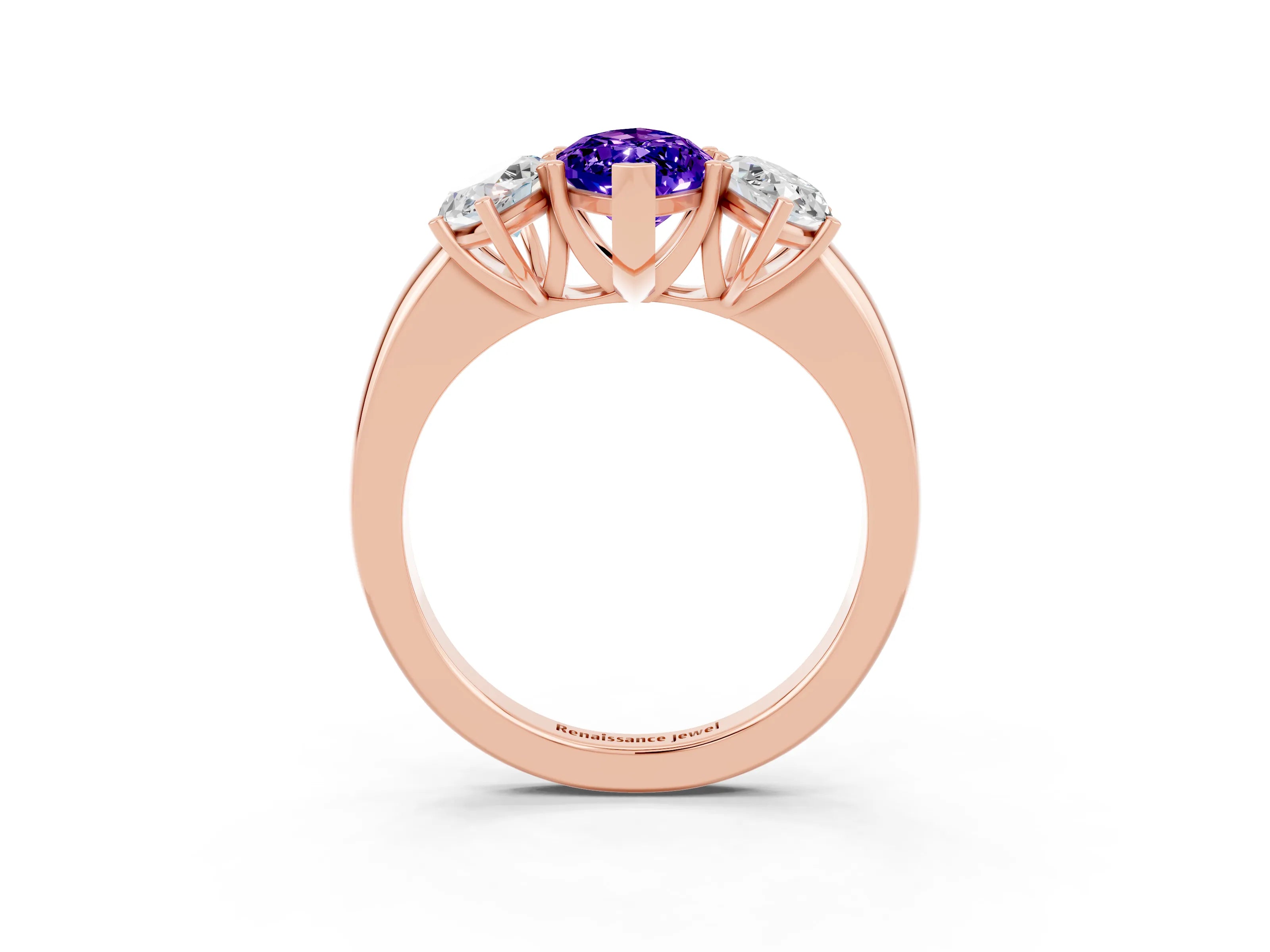 Rose gold Marquise Cut Tanzanite Three-Stone Ring with Four-Prong Setting and Classic Band_3