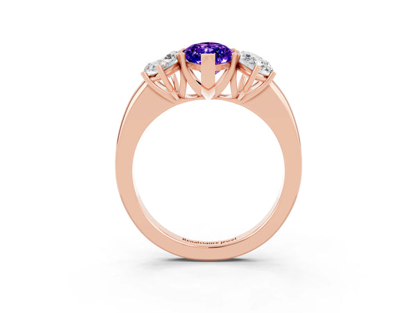 Rose gold Marquise Cut Tanzanite Three-Stone Ring with Four-Prong Setting and Classic Band