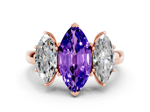Rose gold Marquise Cut Tanzanite Three-Stone Ring with Four-Prong Setting and Classic Band