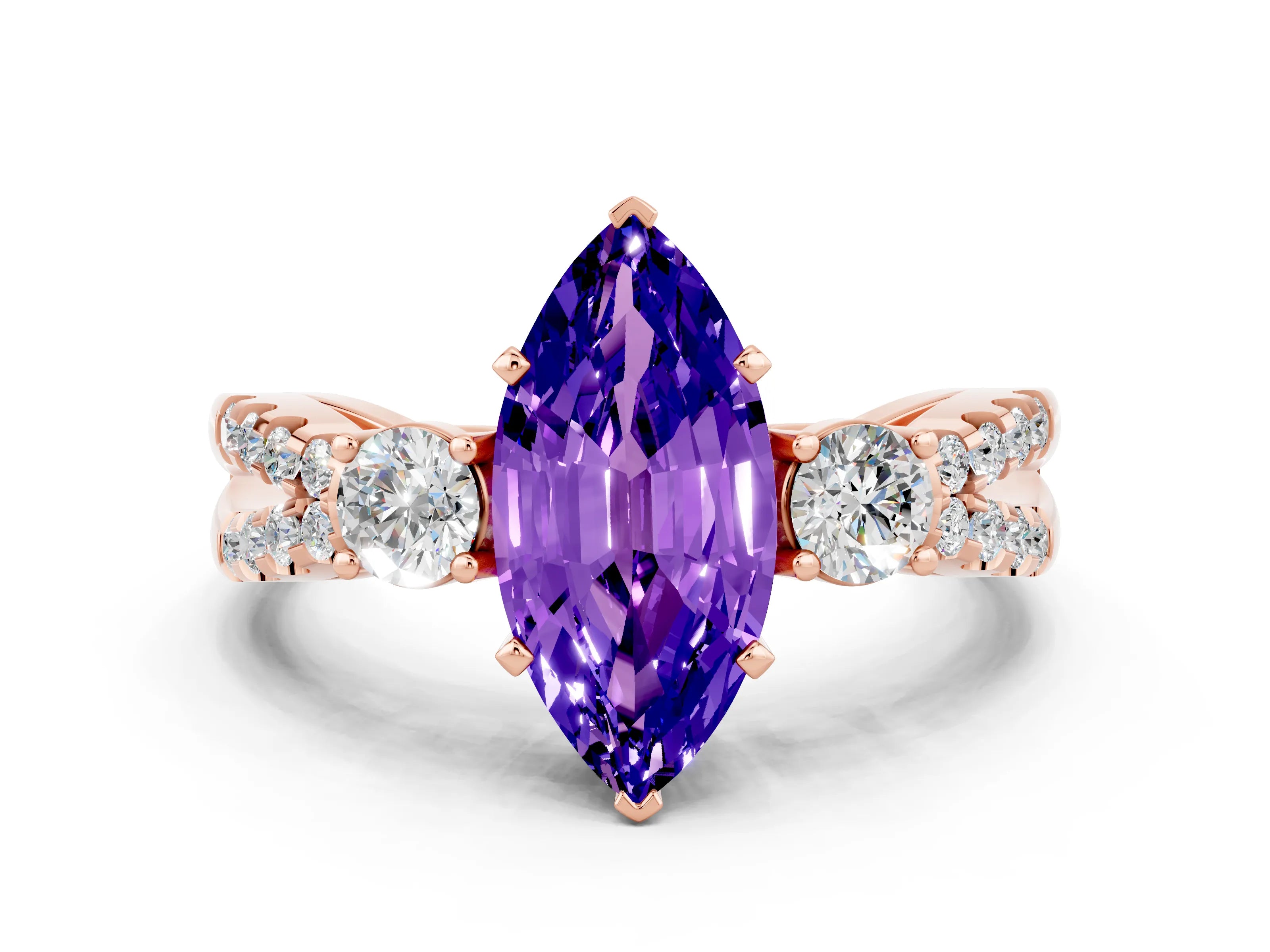 Rose gold Marquise Cut Tanzanite Three-Stone Ring with Pavé Split Shank and Four-Prong Setting_12