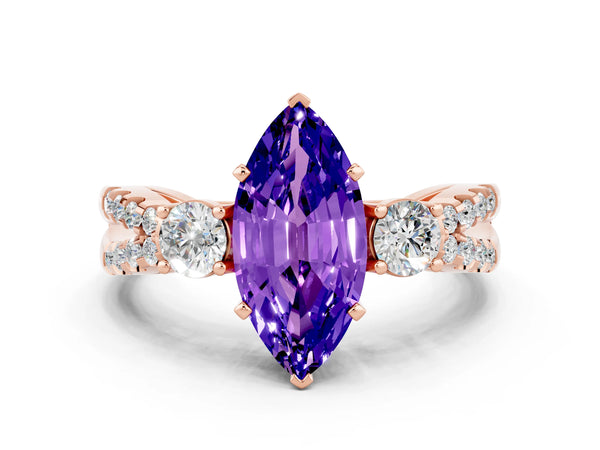 Rose gold Marquise Cut Tanzanite Three-Stone Ring with Pavé Split Shank and Four-Prong Setting
