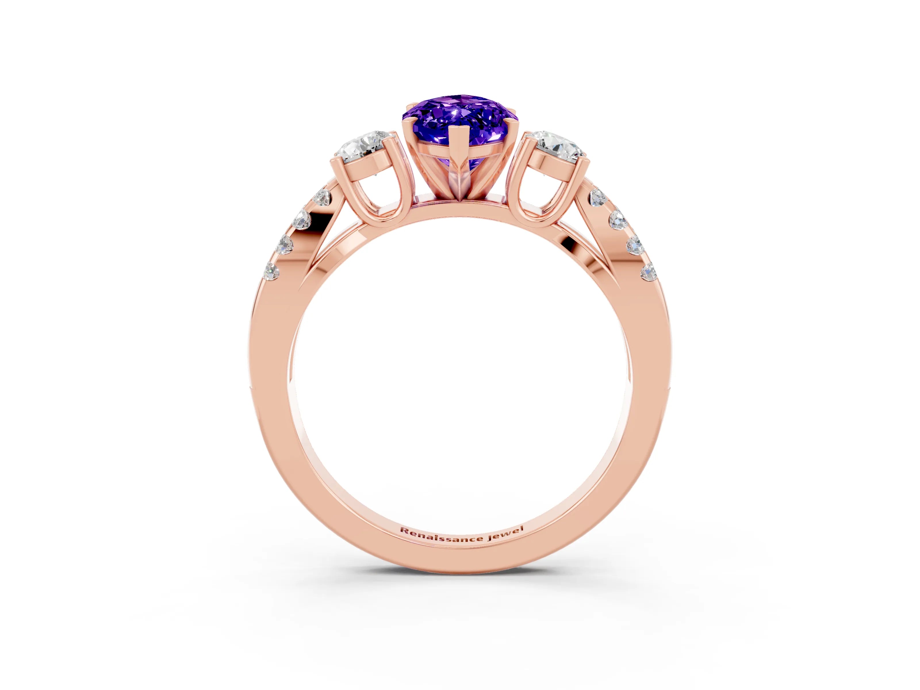 Rose gold Marquise Cut Tanzanite Three-Stone Ring with Pavé Split Shank and Four-Prong Setting_15