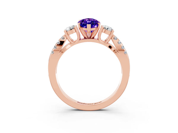 Rose gold Marquise Cut Tanzanite Three-Stone Ring with Pavé Split Shank and Four-Prong Setting