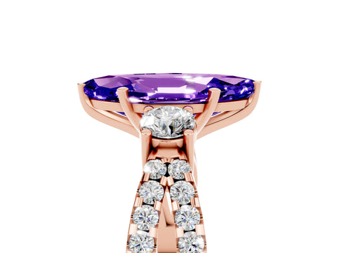 Rose gold Marquise Cut Tanzanite Three-Stone Ring with Pavé Split Shank and Four-Prong Setting_17