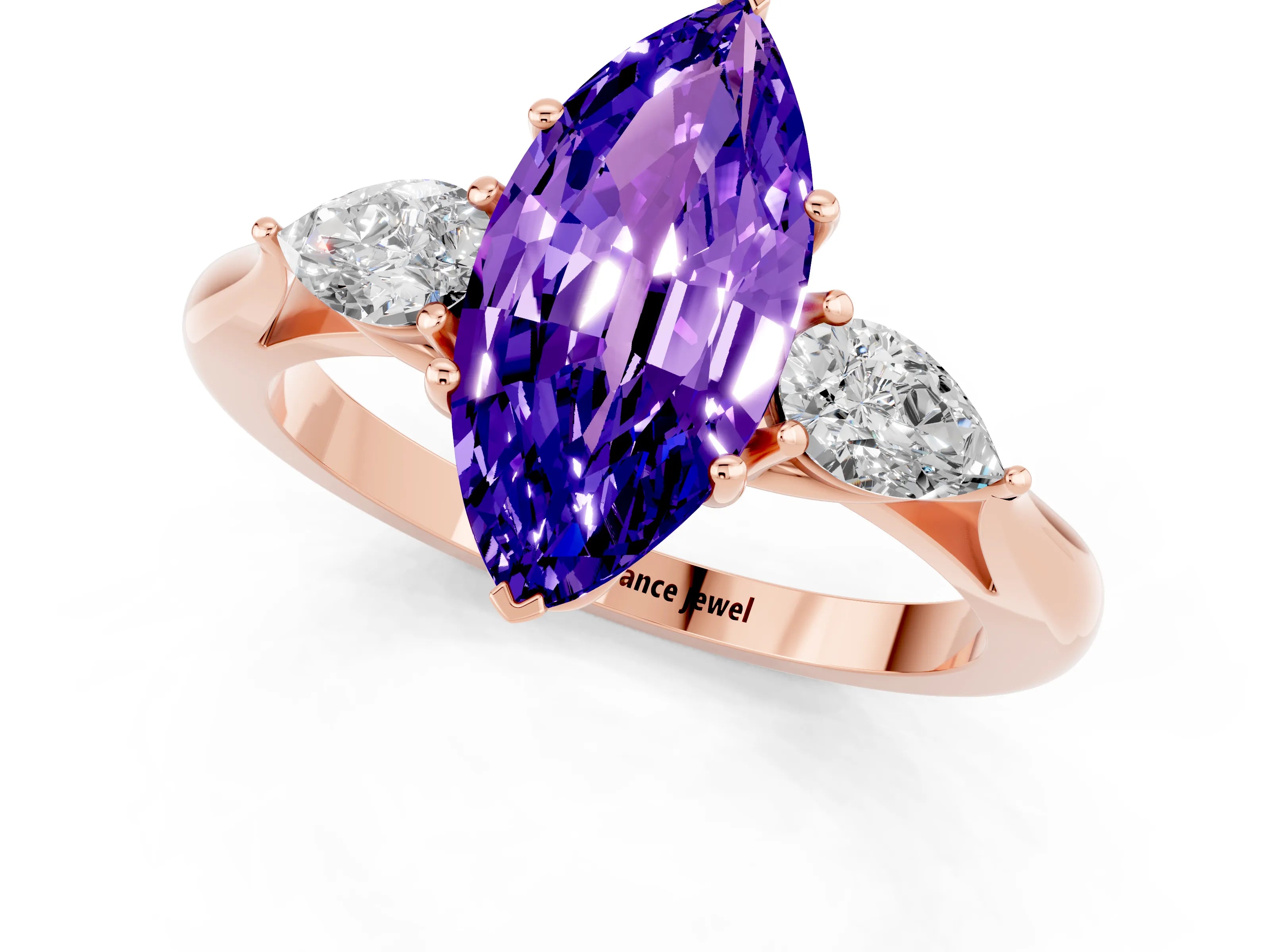 Rose gold Marquise Cut Tanzanite Three-Stone Ring with Pear Side Stones and Four-Prong Setting_13