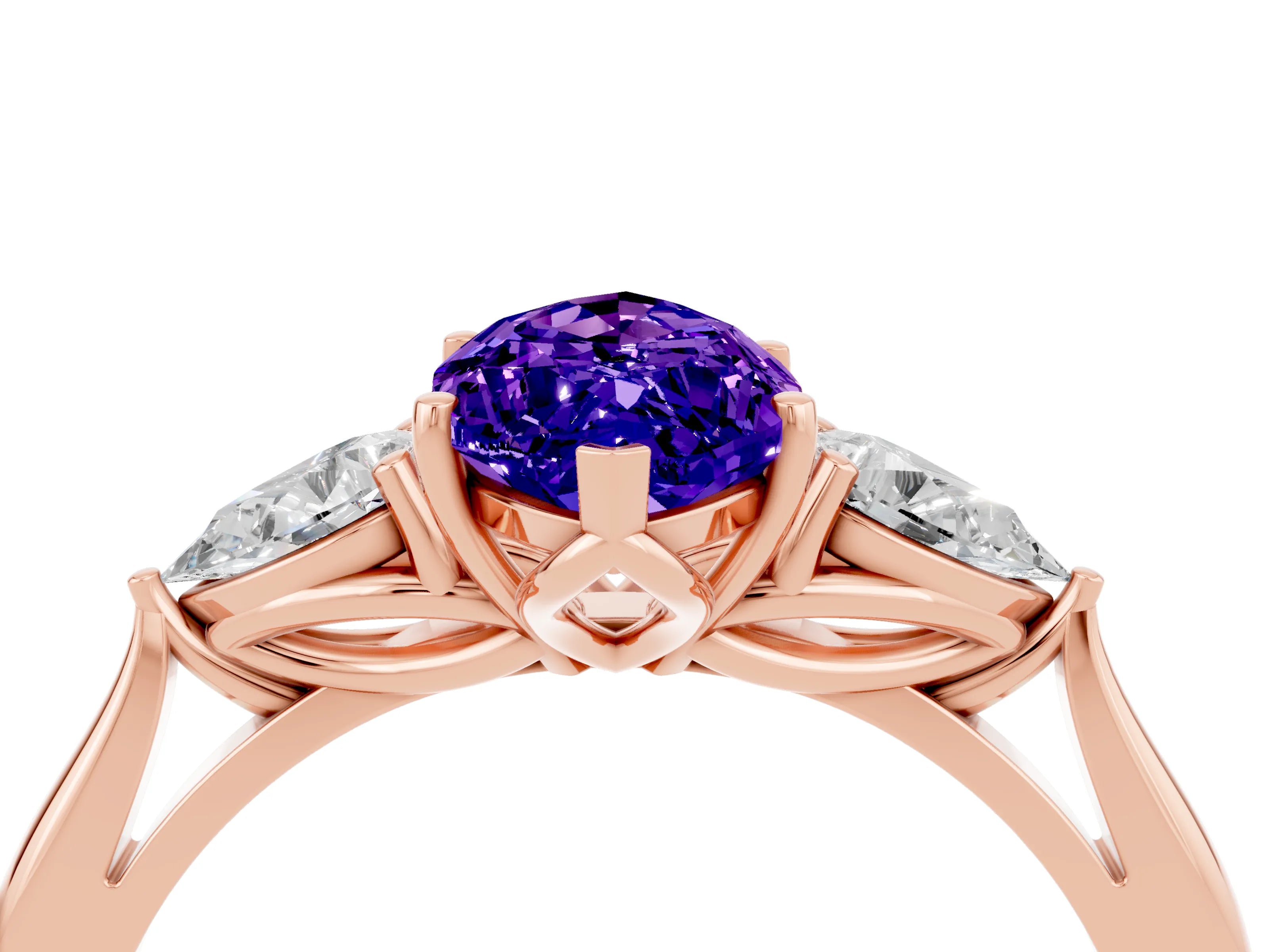 Rose gold Marquise Cut Tanzanite Three-Stone Ring with Pear Side Stones and Four-Prong Setting_16