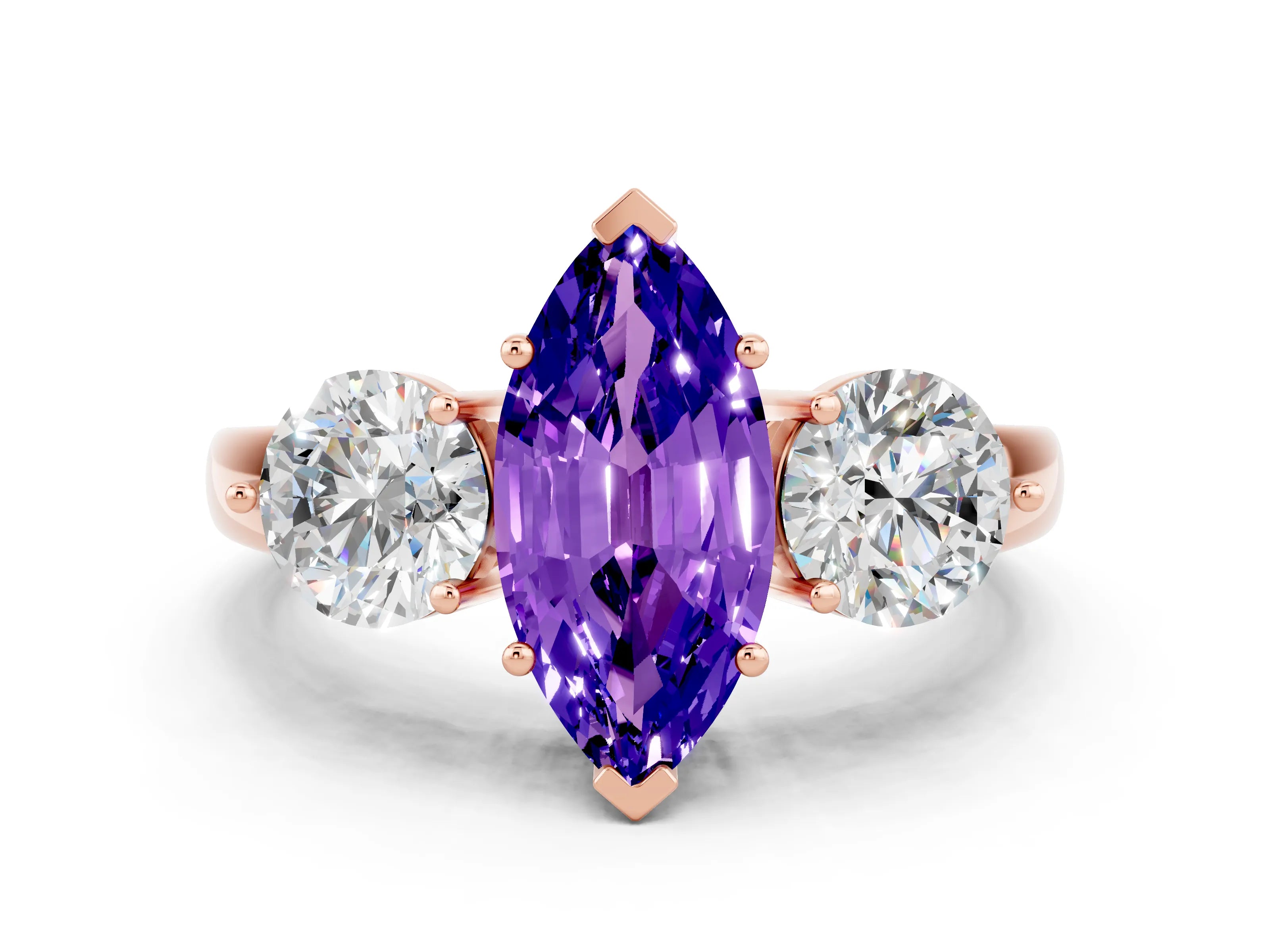 Rose gold Marquise Cut Tanzanite Three-Stone Ring with Prong Setting and Classic Band