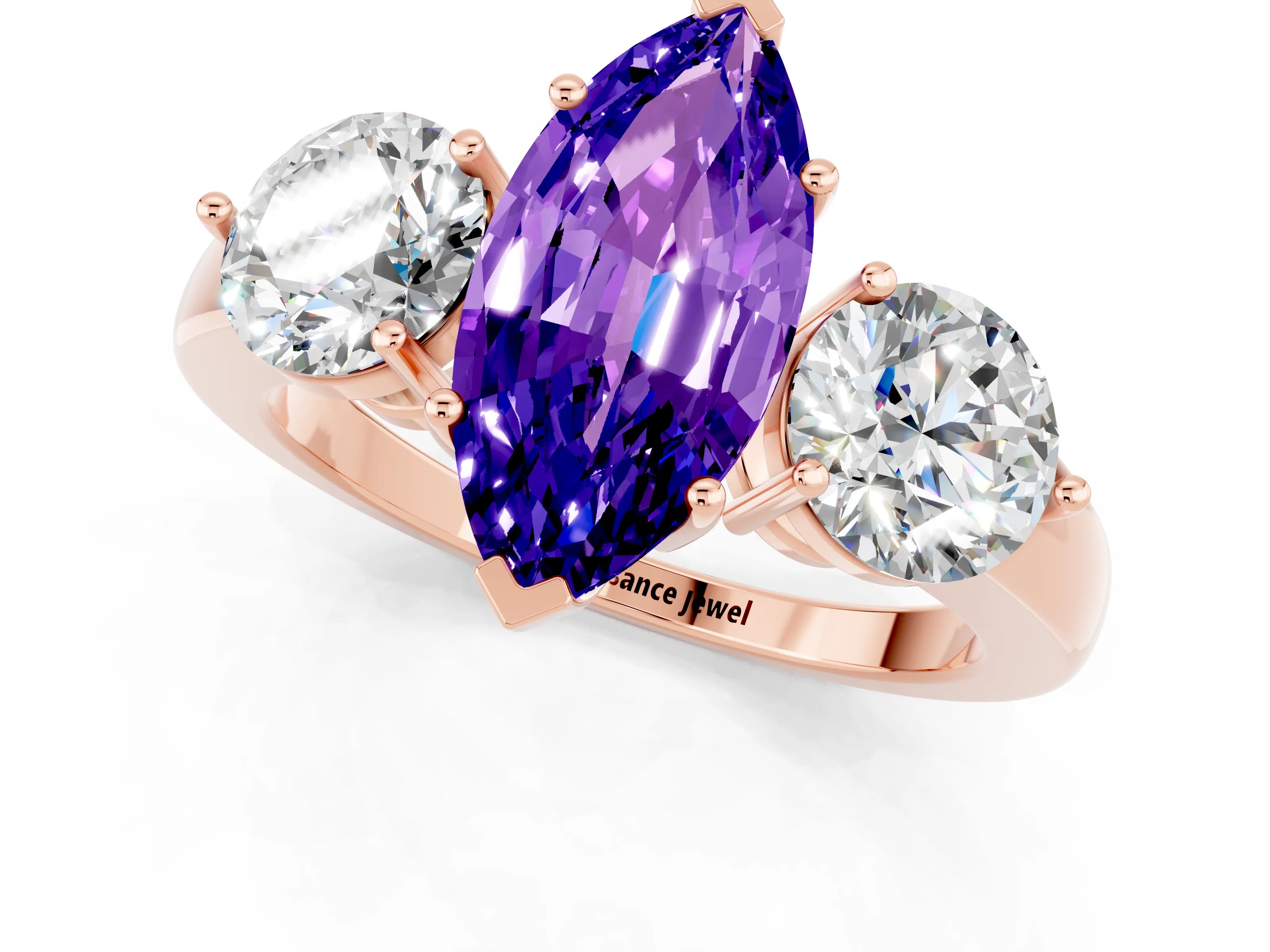 Rose gold Marquise Cut Tanzanite Three-Stone Ring with Prong Setting and Classic Band_1