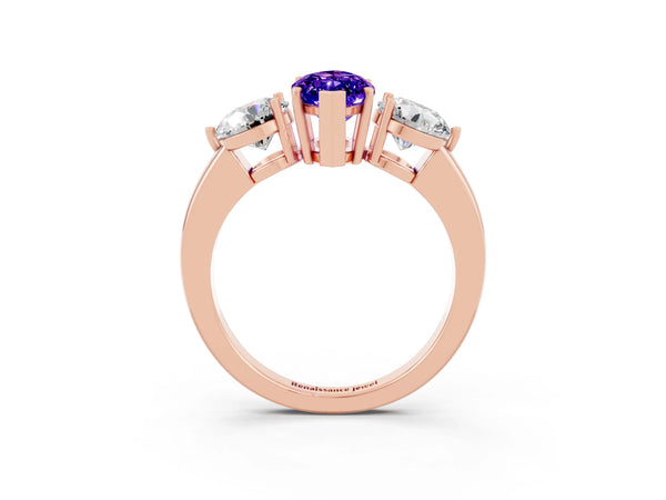 Rose gold Marquise Cut Tanzanite Three-Stone Ring with Prong Setting and Classic Band