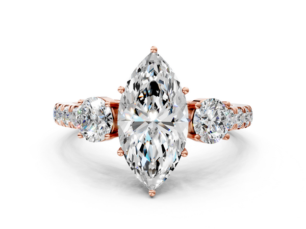 Rose gold Marquise Cut Diamond Three-Stone Ring with Round Side Stones and Pavé Band