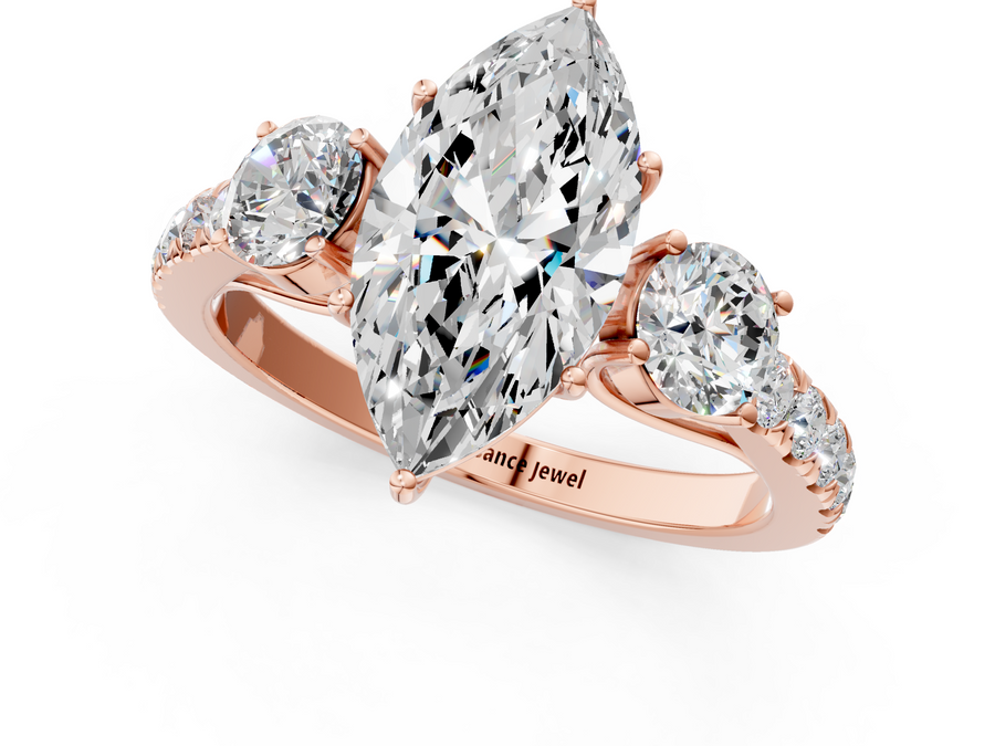 Rose gold Marquise Cut Diamond Three-Stone Ring with Round Side Stones and Pavé Band