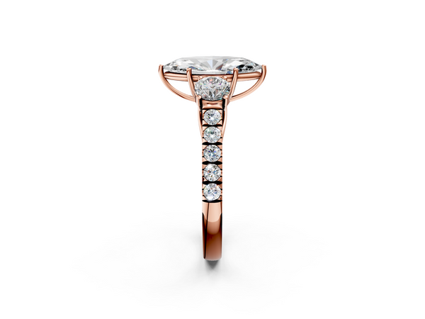 Rose gold Marquise Cut Diamond Three-Stone Ring with Round Side Stones and Pavé Band