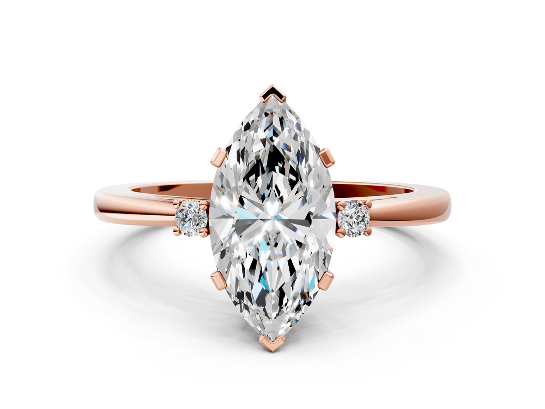 Rose gold Marquise Cut Three-Stone Solitaire Ring with Round Accent Diamonds and Four-Prong Setting_32