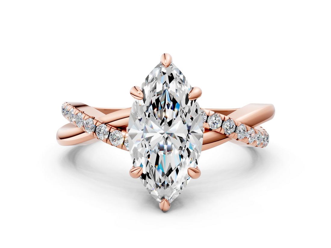 Rose gold Marquise Cut Twist Band Solitaire Diamond Ring with Pavé Setting_15