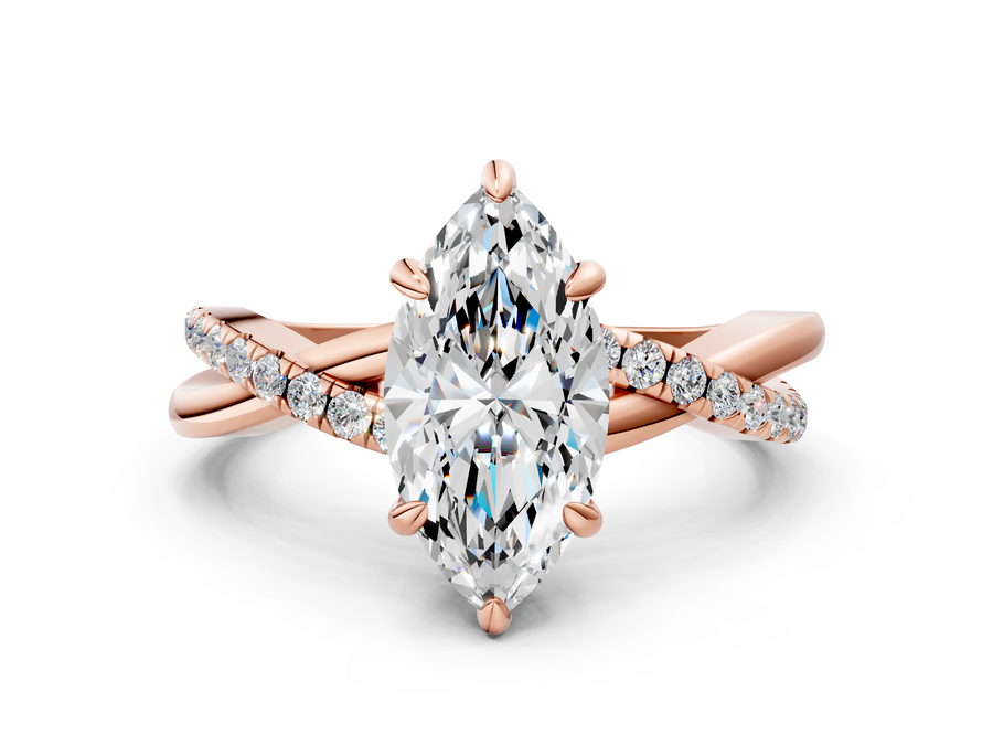 Rose gold Marquise Cut Twist Band Solitaire Diamond Ring with Pavé Setting