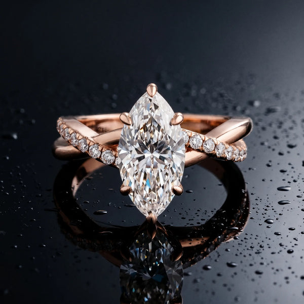 Rose gold Marquise Cut Twist Band Solitaire Diamond Ring with Pavé Setting