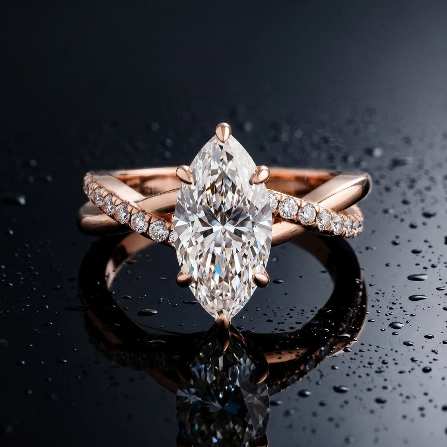 Rose gold Marquise Cut Twist Band Solitaire Diamond Ring with Pavé Setting