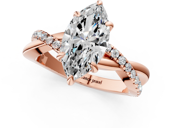 Rose gold Marquise Cut Twist Band Solitaire Diamond Ring with Pavé Setting